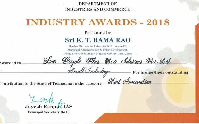 Telangana State Industry Awards 2018 certificate for Best Innovation, Small Industry